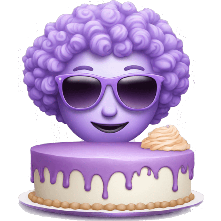 lilac alien with curly hair and sunglasses making a cake emoji