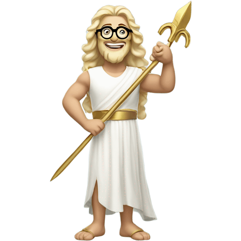 white Poseidon with gold Trident and nerd glasses. long hair white dress. smile . wink. pointing us emoji