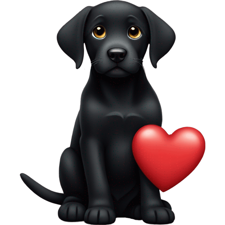 sitting black labrador puppy is holding a heart emoji