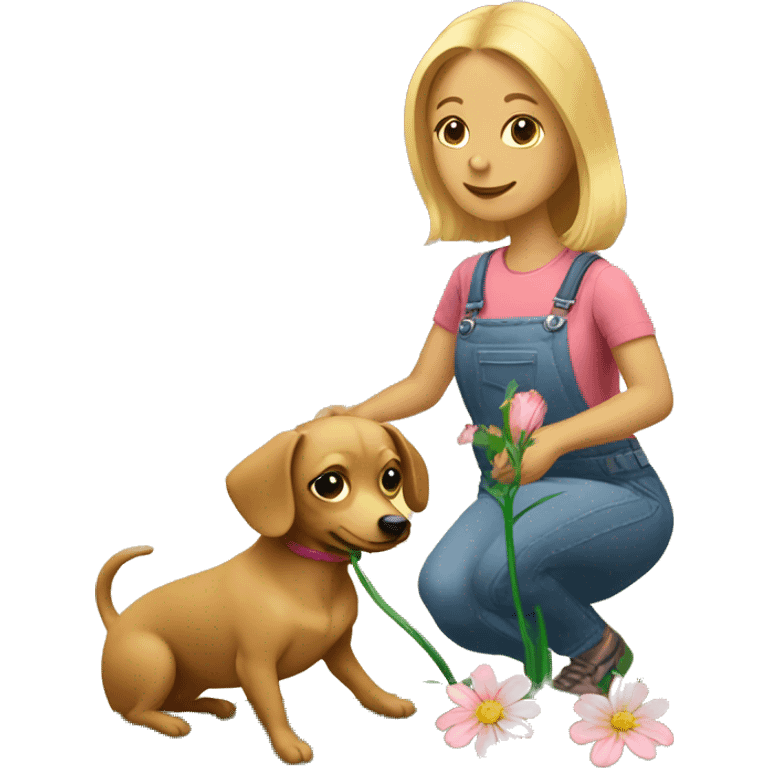 Blonde woman and chiweenie planting flower emoji