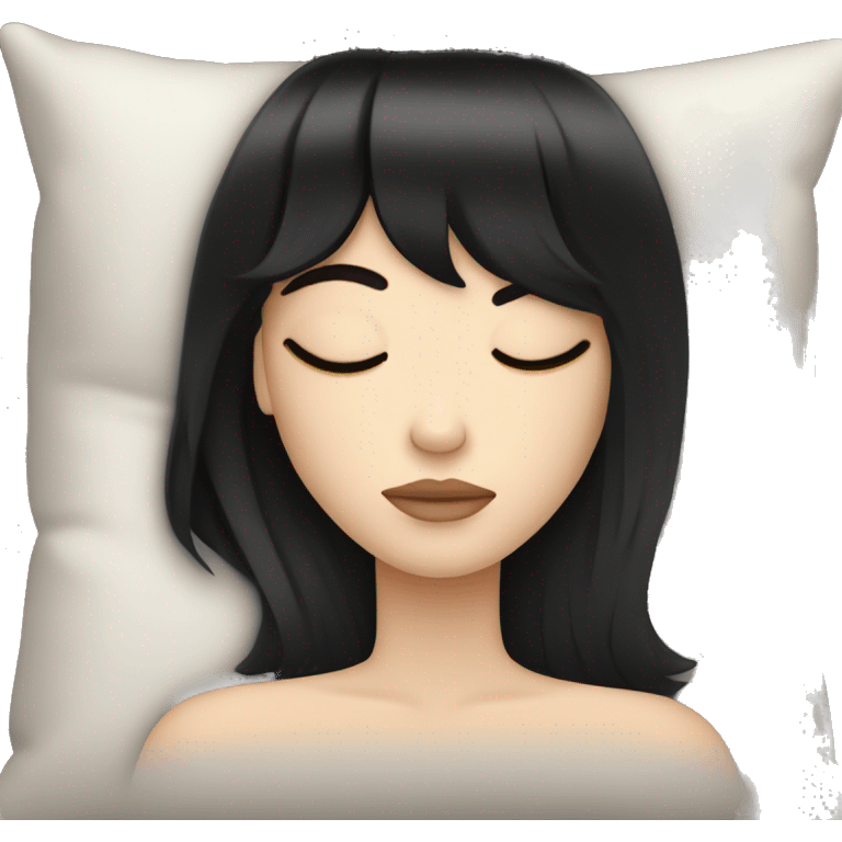 Woman pale skin black hair with bangs sleeping in bed with pillow, white woman emoji