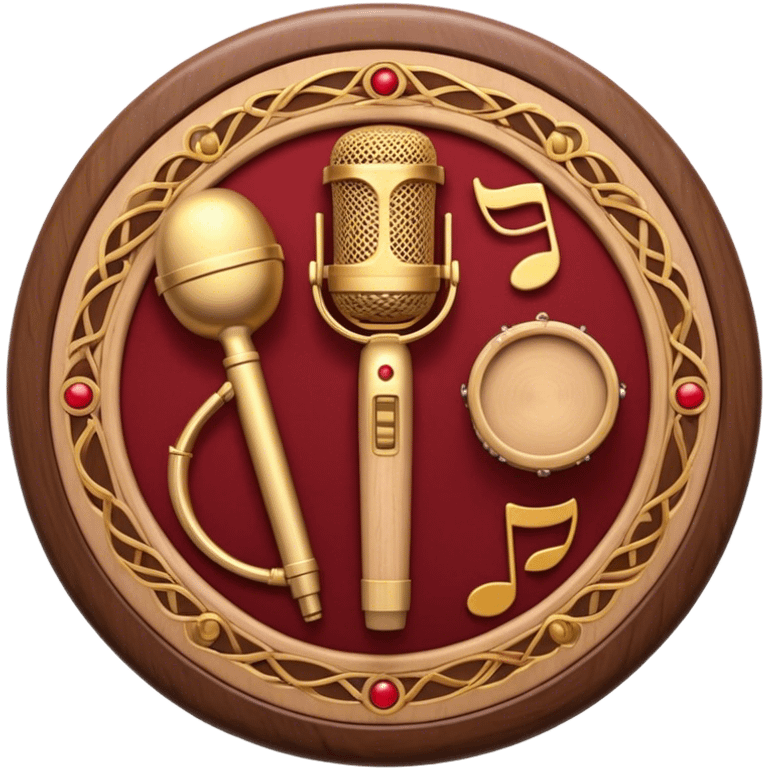 Create a warm and authentic humanless emoji representing folk singing. The design should feature a traditional folk microphone at the center, surrounded by classic instruments such as a bayan (button accordion), gusli (a traditional Russian zither), and a tambourine. Arrange these instruments in a harmonious, circular pattern to evoke a sense of folk music and community performance. Use natural, earthy colors like wood brown, deep red, and golden accents to reflect the rustic and heartfelt spirit of folk music. Add subtle musical notes to the background to convey the rhythm and harmony of the performance. The background should be transparent. emoji