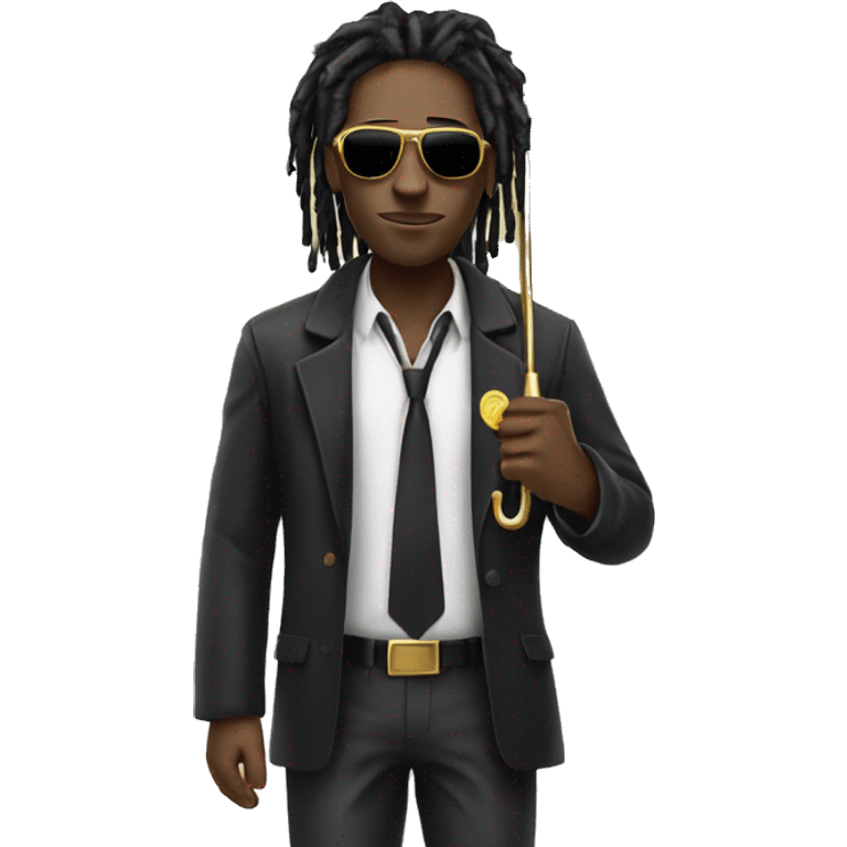 Black male with dreadlocks wearing gold sunglasses holding an umbrella for the rain but instead of rain its money  emoji