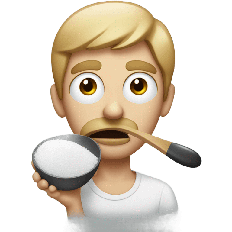 Guy with big eyes and a spoon with salt in it and salt all over his face emoji