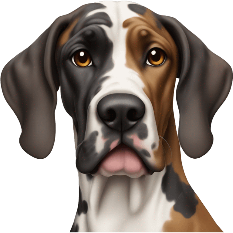 Harlequin multicolor Great Dane with a brown girl with wavy hair emoji