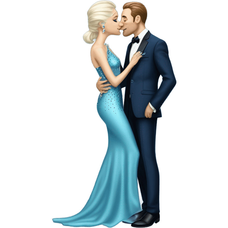 reptilian alien woman, in long slim pastel blue formal party satin dress with gradient shiny sparkling navy blue diamonds embroidered , and caucasian man in black dress kissing emoji