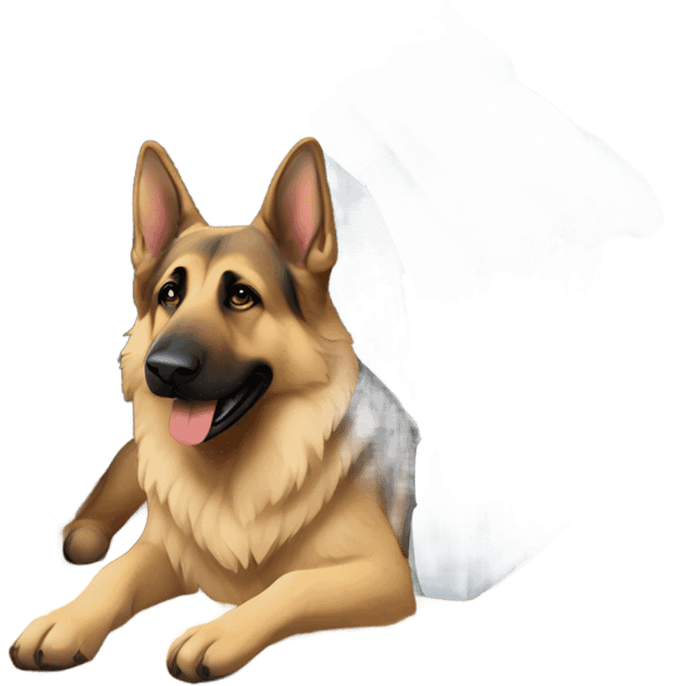 German shepherd in a white egloo with straws on its floor emoji