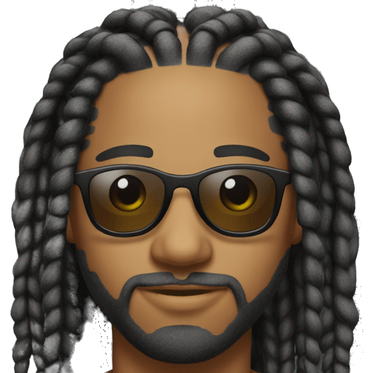 Man with dreadlocs styled into two braids going back wearing shades emoji