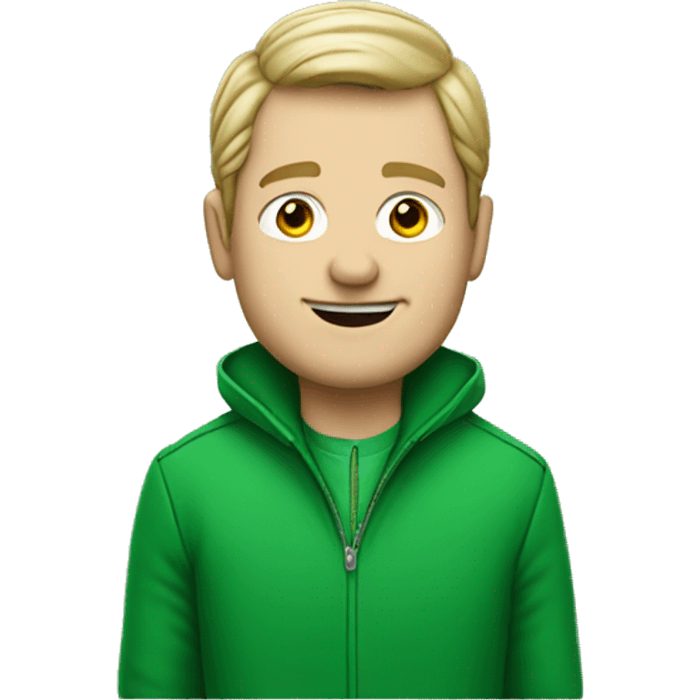 white man in green jacket with clover emoji