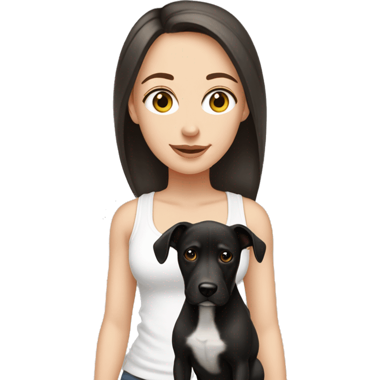 white girl with dark hair in a ponytail wearing a white tank top walking a black dog emoji