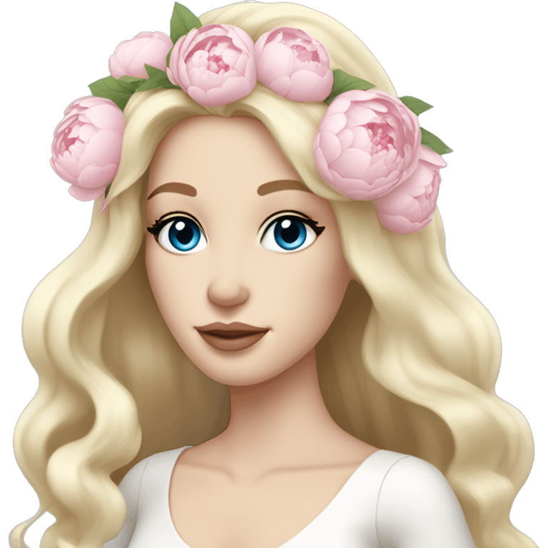 White bride with long light blonde hair and blue eyes with light pink peonies in hair white skin light pink lips emoji