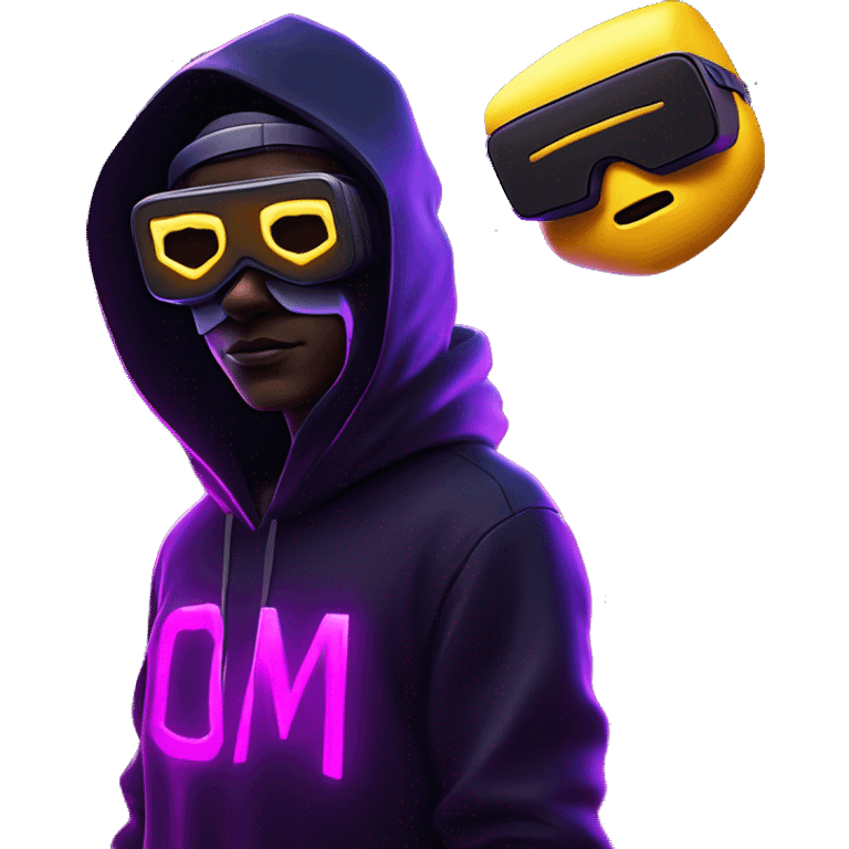 Ilon Mask wearing a black hoodie with "OMG" letters on it and VR headset oculus quest 2 in a cyberpunk VR environment with violet neon lighting. emoji