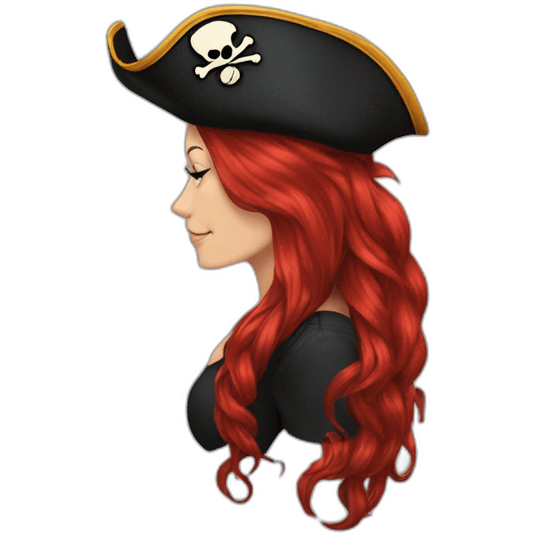 Woman long red hair hanging to one side in a platt, tattoo on side of head.  pirate hat. skull and crossbones t shirt emoji