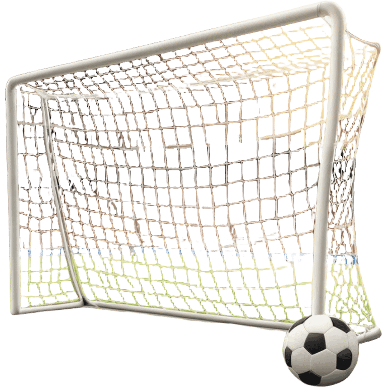 Cinematic Realistic image of a soccer goal net with intricately detailed mesh textures and subtle signs of wear, set against a dynamic, sunlit stadium backdrop that emphasizes its iconic presence in the game emoji