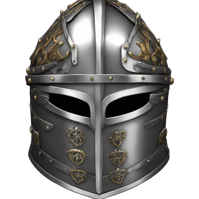 elaborate full-face closed armet medieval helmet armor intricate chrome inlays emoji