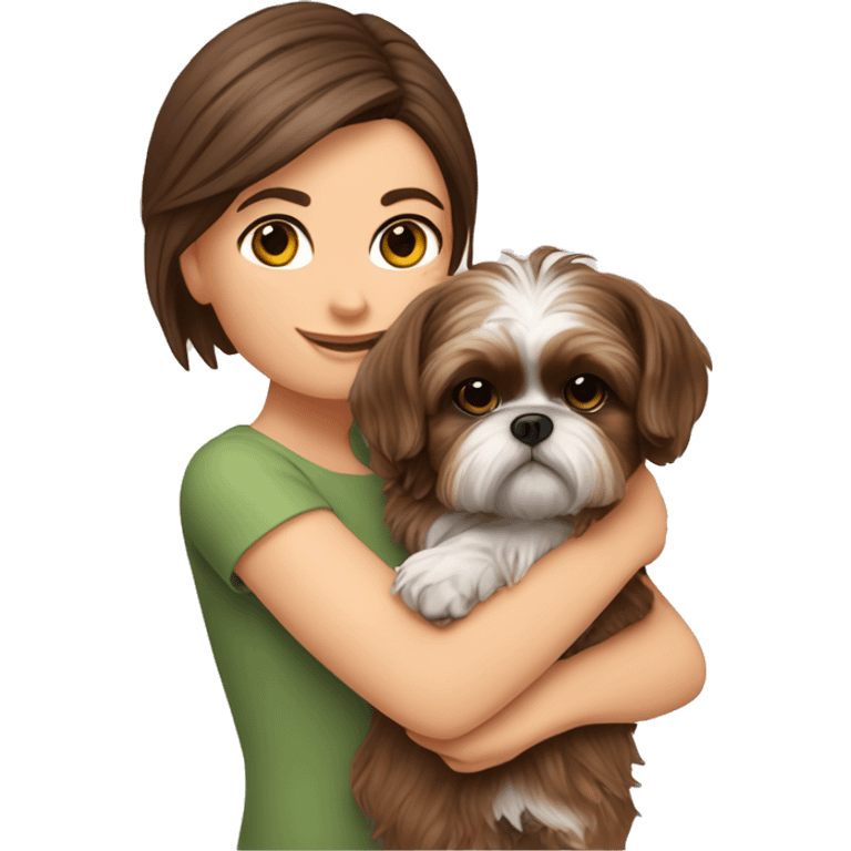 brown hair girl holding a Yorkie Shih Tzu puppy￼ emoji