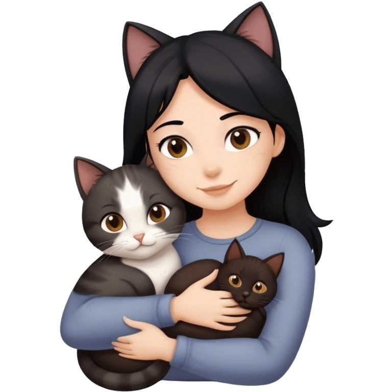 happy girl with black hair hugging three cats  (dark brown cat, full gray cat, brown calico cat) emoji