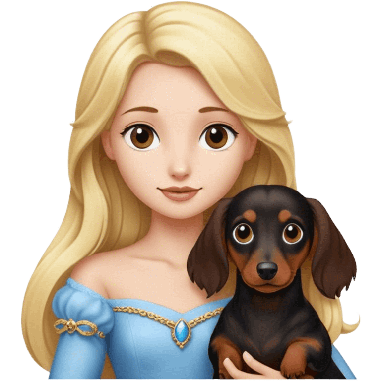 Blonde princess holding a Long haired black and brown dachshund  emoji