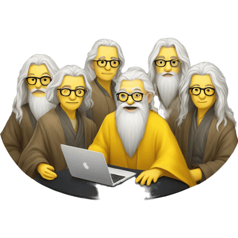 group of gandalfs, round yellow table, yellow clothes, glasses, macbooks emoji