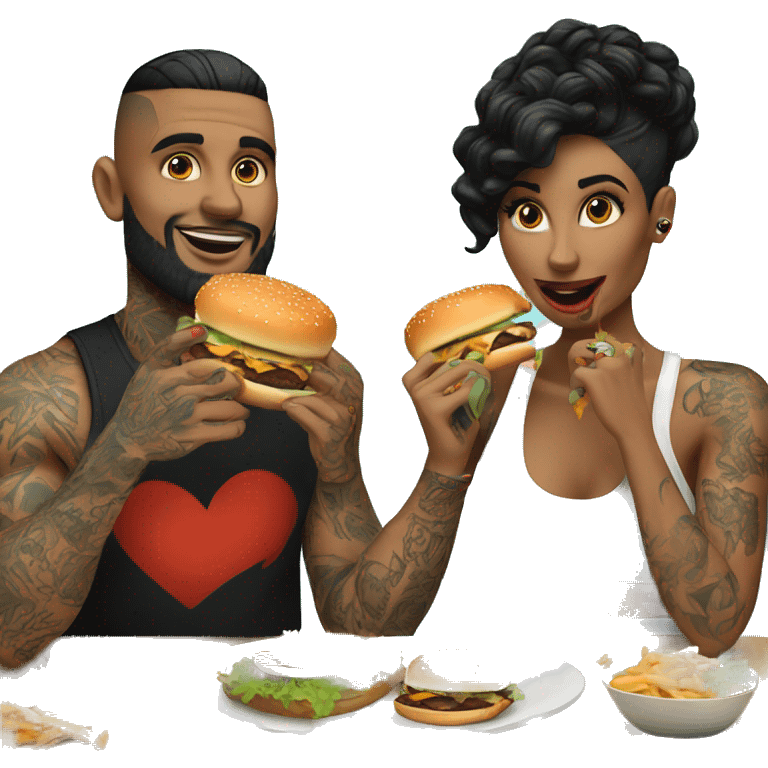 Beautiful tattooed couple eating burgers emoji