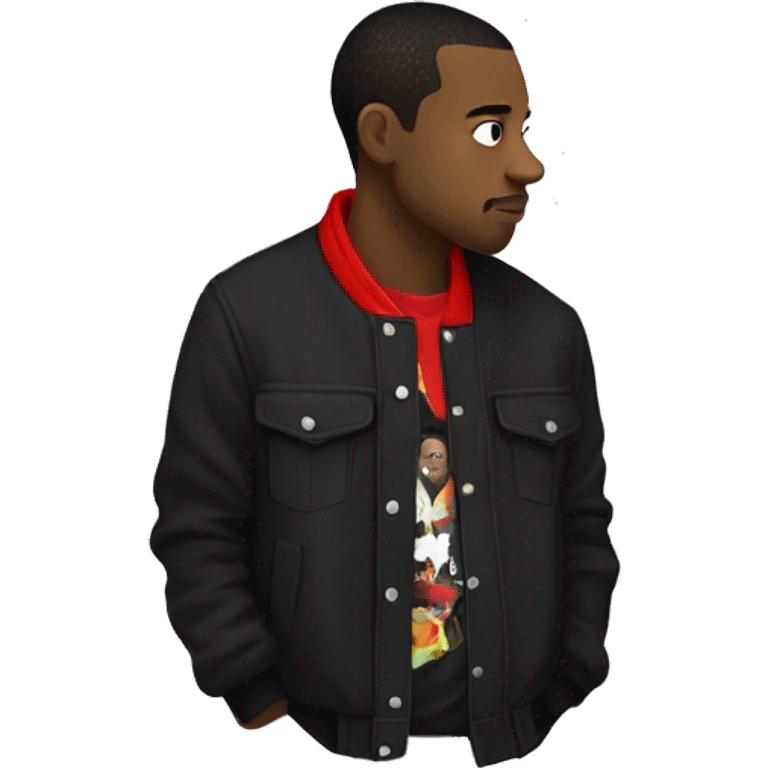 side profile of a hip hop artist. he is wearing a black jacket. the jacket also has a red collar.  emoji