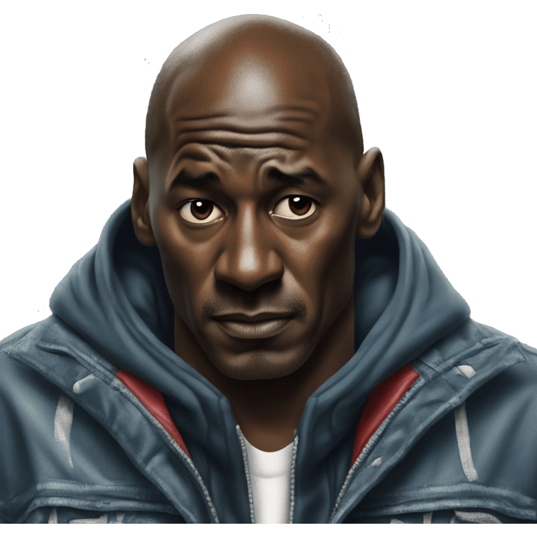 Michael Jordan in a jacket holds his head and is sad photorealistic serious emoji