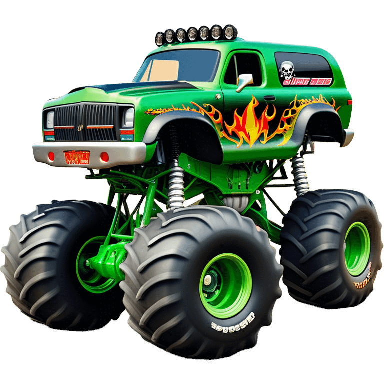 Grave Digger - Monster Jam (Model Year: 2022) (Iconic colour: Green with flames) - A legendary monster truck with a fearsome design: predominantly deep green with dynamic, vibrant flame graphics in bright orange and yellow. Highlight its rough, edgy bodywork and an aura of untamed rebellion. emoji