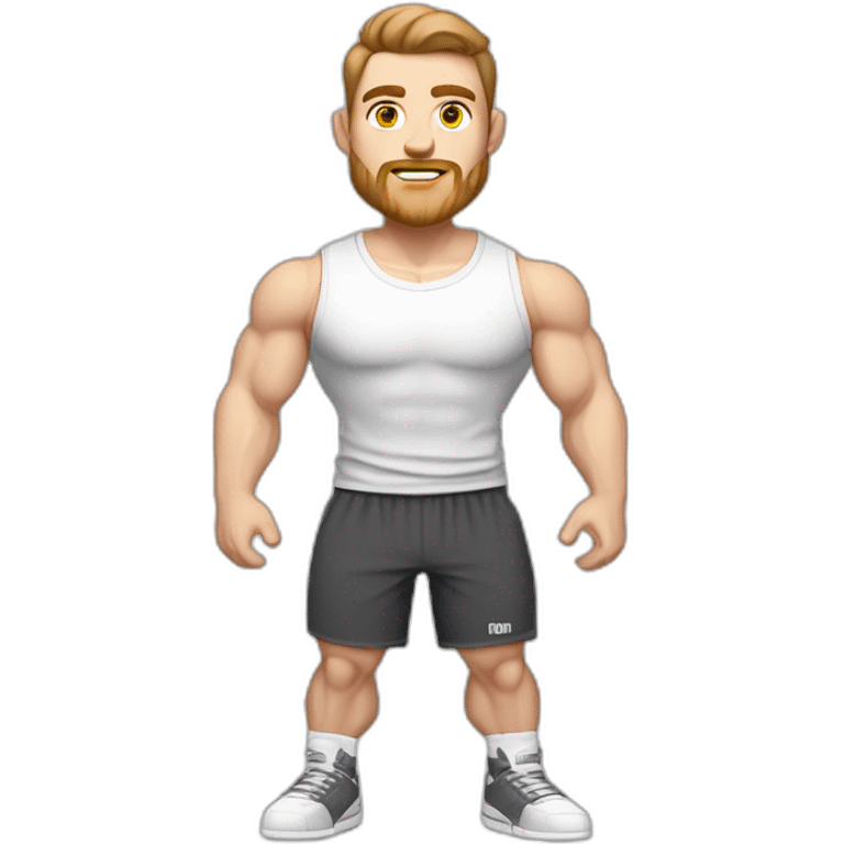 Full height Pale skinned muscular man With Realistic eyes and mouth, light brown hair and stubble In dark gray sleeveless mike, black oversize sports shorts, watch and white sneakers. emoji