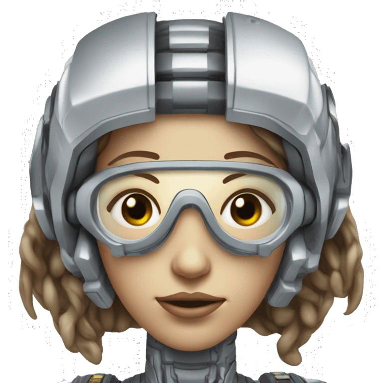 female cyborg head, fair skin, Brown long hair with blonde steaks, space age goggles and circuits emoji