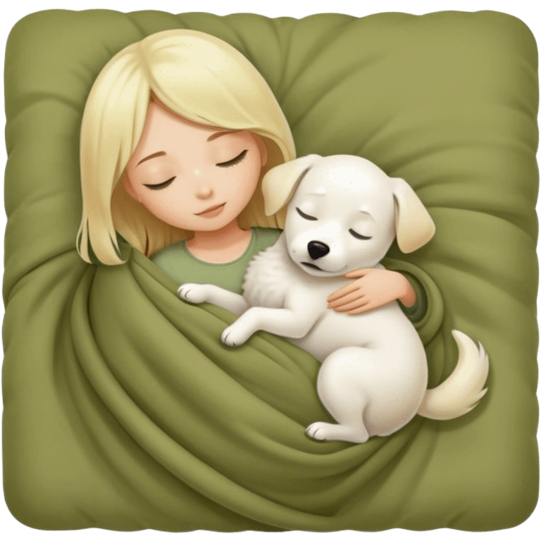 Cute blond girl and white dog sleeping in a olive color blanket emoji