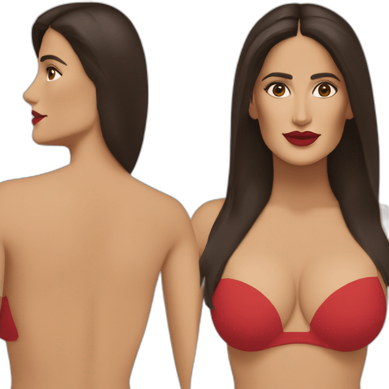 Salma hayek in bikini with straight hair red lips oval face almond eyes emoji