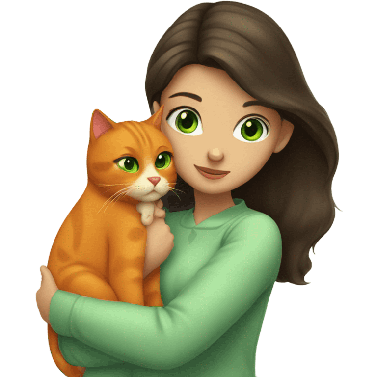 Beautiful Brunette girl with green  eyes hugging orange cat with green eyes  emoji