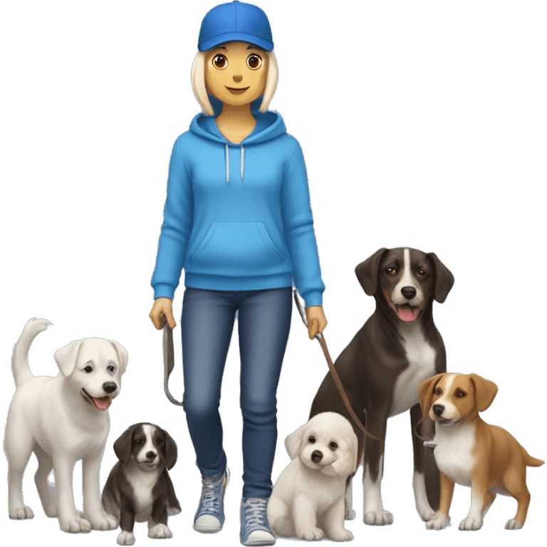 White Dog walker in blue hoodie, jeans, blue baseball cap with eight dogs at heel on her left side emoji