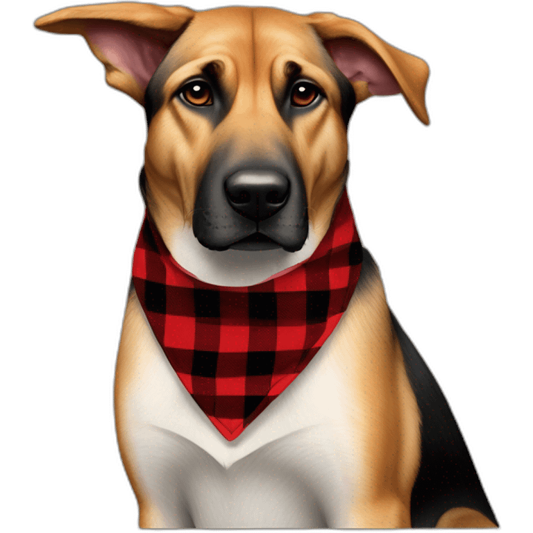 75% Coonhound 25% German Shepherd mix dog wearing small pointed red buffalo plaid bandana pointing down side view full body facing left emoji