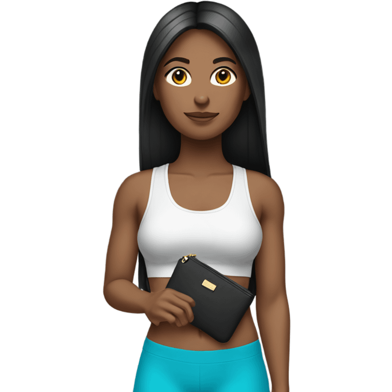 a white color woman with black long straight hair wearing a workout set and carrying  a designer purse on her hand  emoji