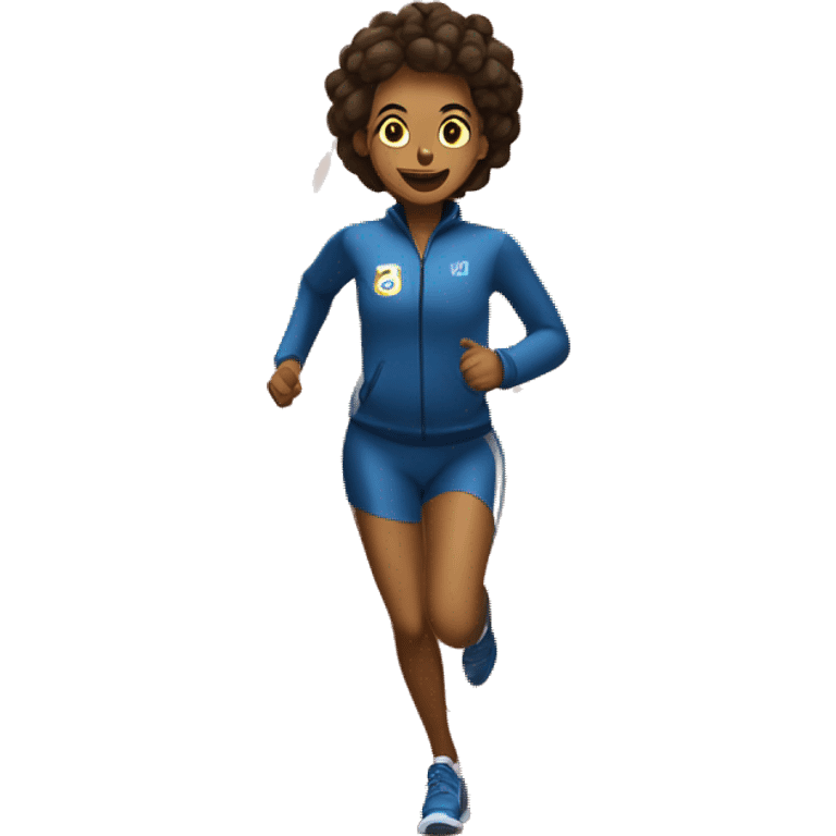 Girl running on a track with a track suit that has a 35 on it  emoji