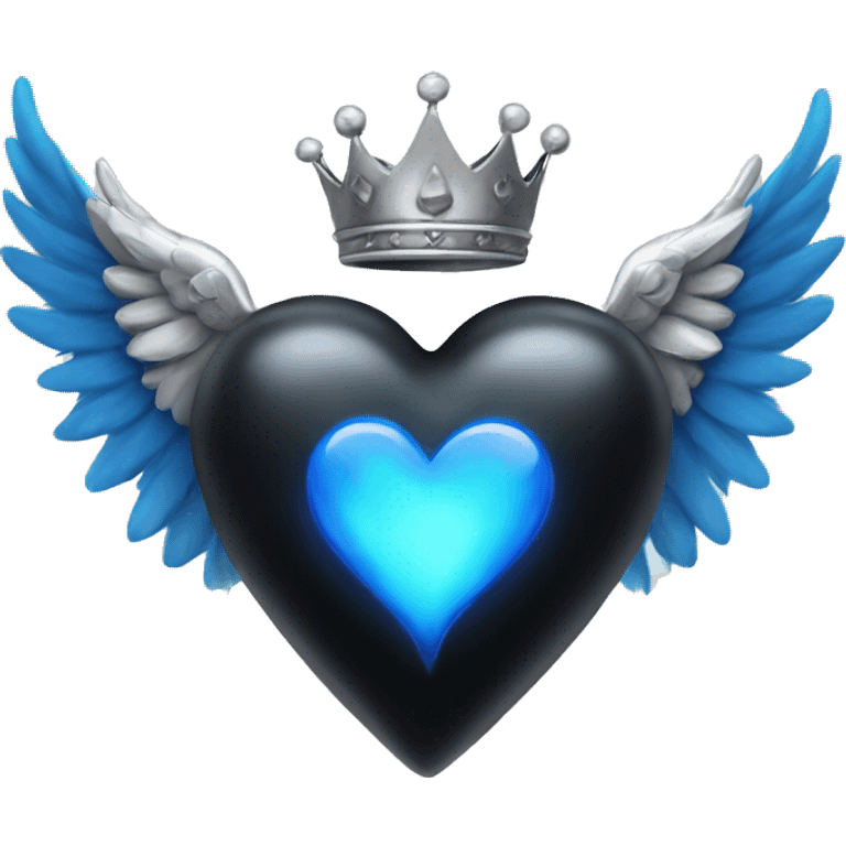 Black colored heart with wings and blue flames and a silver crown emoji