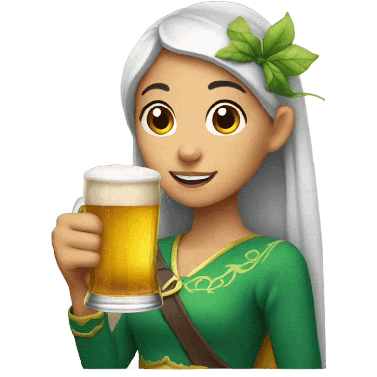 Asian girl with elf ears drinks beer emoji