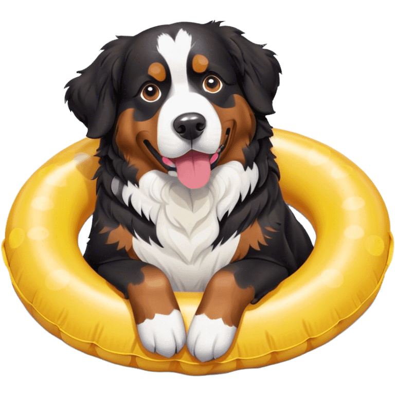 Bernese Mountain Dog with a bow swims with an inflatable ring emoji