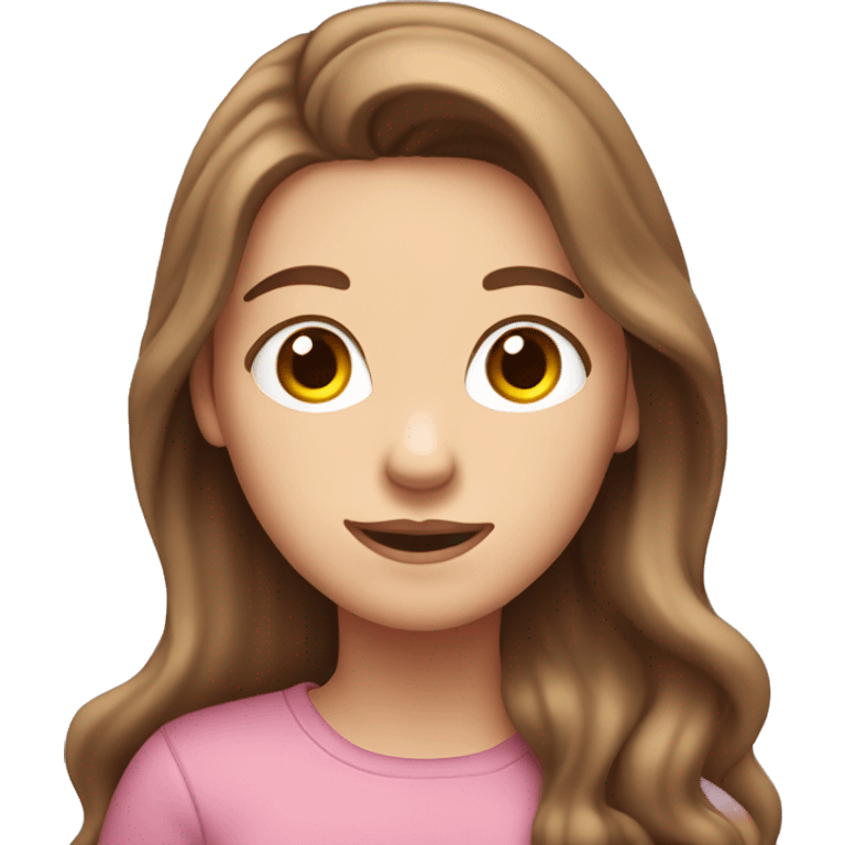 emoji of a white girl with long brown hair that falls below her shoulders. She has a friendly expression and is wearing bright clothing. The background should be a soft pastel color emoji