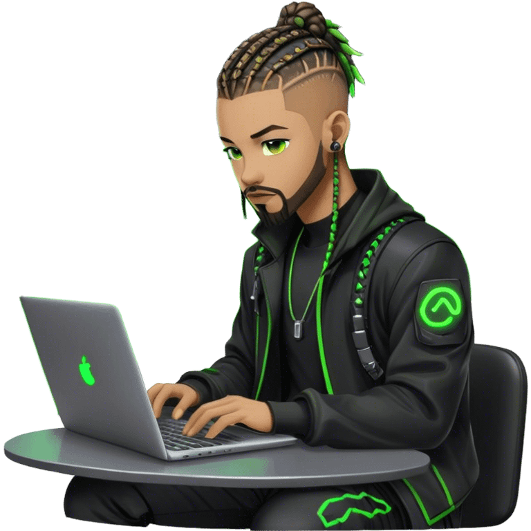 Light skinned African American male with green eyes as a cyberpunk hacker with cornrows hairstyle but short cornrows  with goatee facial hair  coding on laptop  emoji