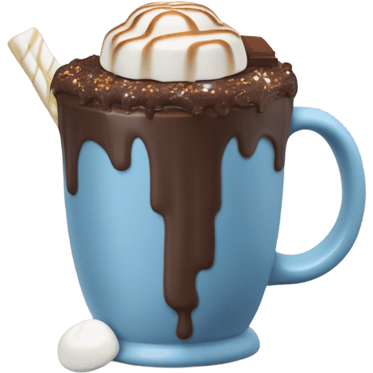 a double chocolate hot chocolate with toasted marshmallow, a chocolate covered s’more, and a chocolate covered marshmalloe emoji