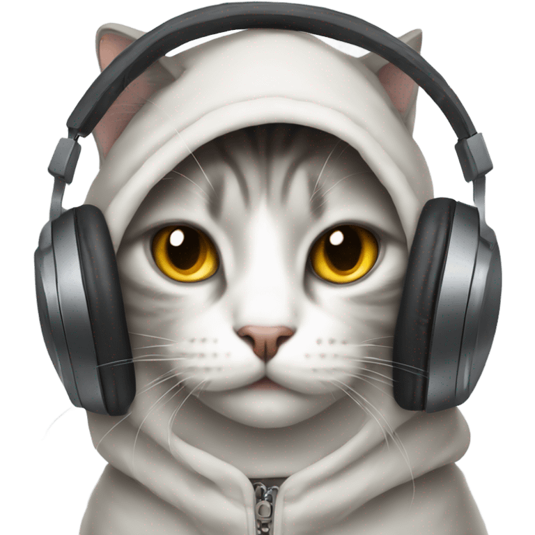 Cat wearing a hoodie vibing to headphones emoji