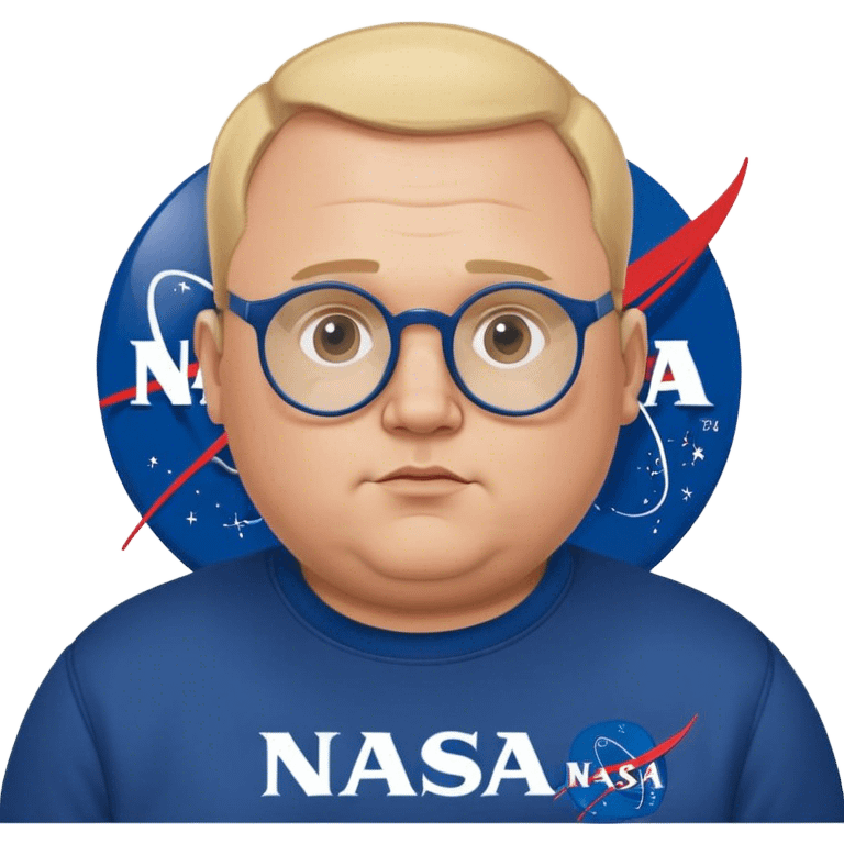 miffed chubby man, with blond short receding hairline, wears a dark blue nasa sweatshirt, nasa logo on the breast, round glasses, 40 years old emoji