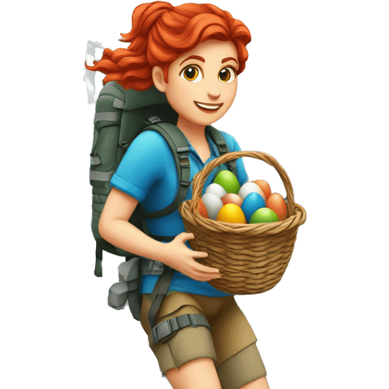 Female mountaineer red hair climbing with Easter eggsbasket and Greek flag emoji