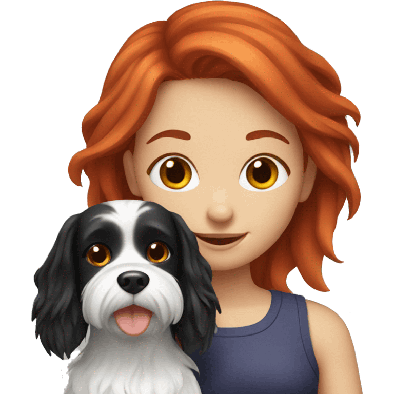 Red haired Girl with a maltese BLACK dog  emoji