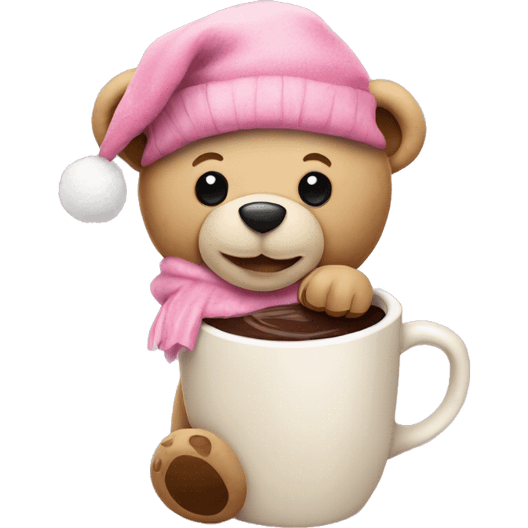 A beige coloured teddy bear with a pink Christmas hat and hot chocolate emoji