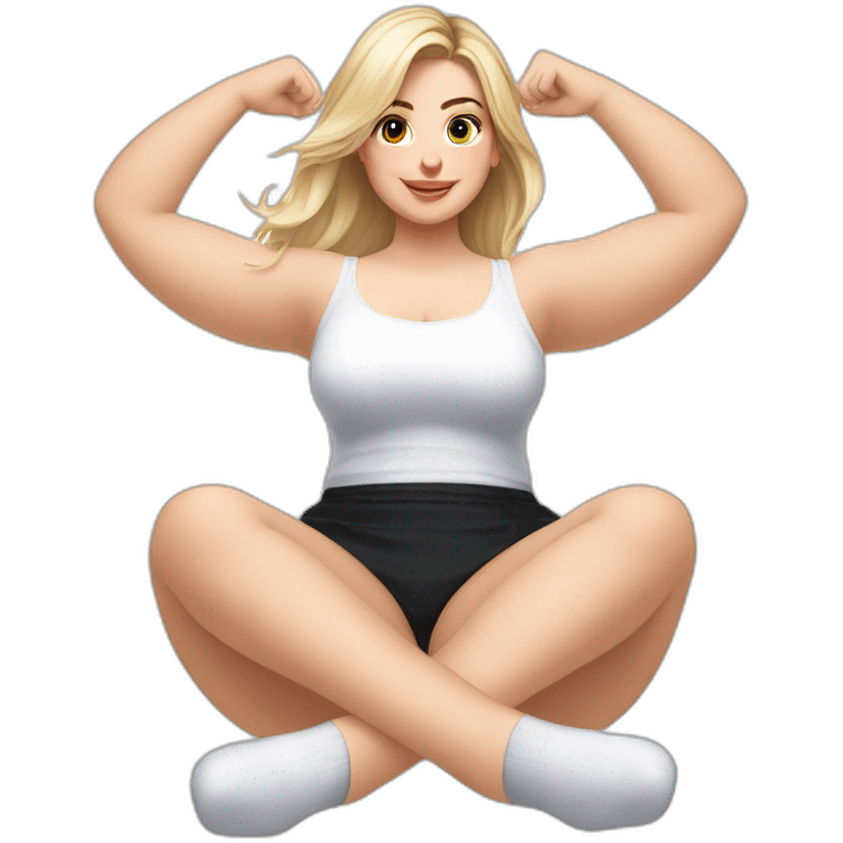 Front view full body curvy caucasian beauty sits on the floor straight hands up black skirt white knickers white socks emoji