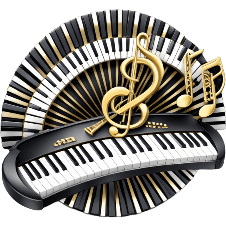 Create an elegant and festive emoji collage representing keyboard instruments, styled like a heraldic emblem. The design should feature a central focal point of black and white piano keys, arranged in a semi-circular or shield-like shape. Around the piano keys, add intertwining musical notes that form flowing ribbons, creating a dynamic and celebratory atmosphere. The design should be professional, with polished silver and gold accents on the keys and notes, highlighting the luxury and sophistication of the instruments. Add subtle shading and lighting effects to give the design a refined, 3D appearance. The background should remain transparent, and the overall feel should evoke grandeur, artistry, and a sense of celebration. emoji