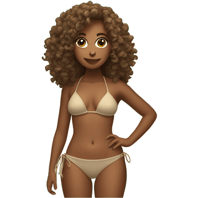 Tan girl with curly hair wearing bikini at beach emoji